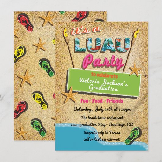 Uitnodigingen van de Tropische Beach Luau Party (Voorkant / Achterkant)