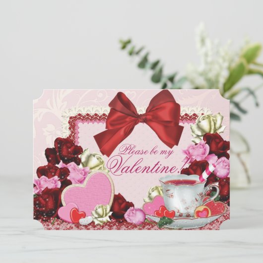 Uitnodigingen van de valentijn Tea Party (Staand voorkant)