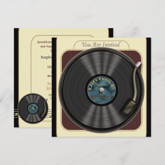 uitnodigingen van de Vinyl Record-partij (Voorkant / Achterkant)