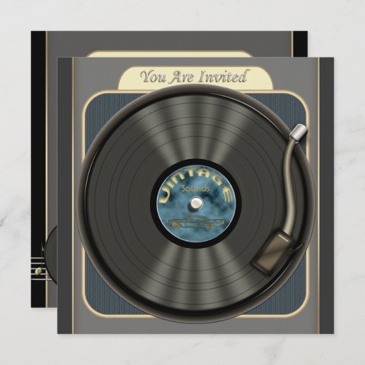 uitnodigingen van de Vinyl Record-partij (Voorkant / Achterkant)