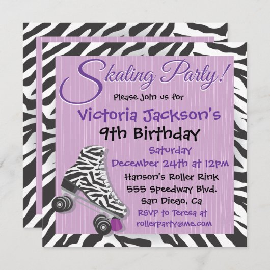 Uitnodigingen van de zebra- en Paarse rolschaatsen (Voorkant / Achterkant)