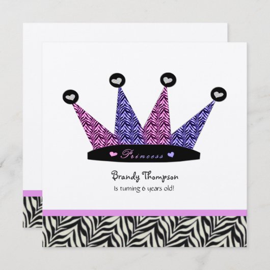 Uitnodigingen van de zebra Princess Crown Party (Voorkant / Achterkant)