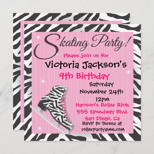 Uitnodigingen van de zebra-Skating Party (Voorkant / Achterkant)