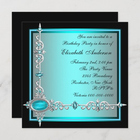 Uitnodigingen van de zwarte Blauwgroen Blauwe Part (Voorkant / Achterkant)