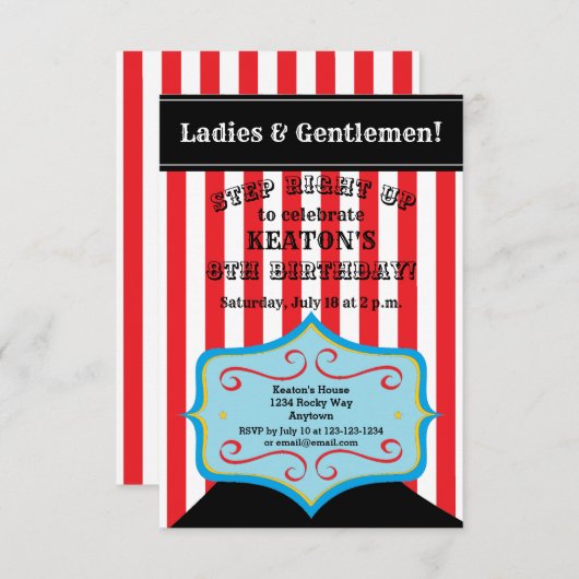 Uitnodigingen van gepersonaliseerde  circuspartije (Voorkant / Achterkant)