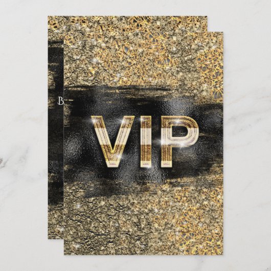 Uitnodigingen van Gold & Black Glam Chic Club VIP (Voorkant / Achterkant)
