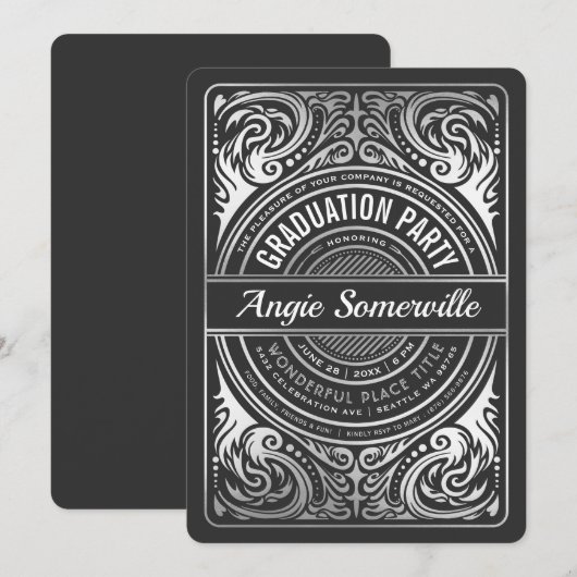 Uitnodigingen van Graduation Party - zwart & zilve (Voorkant / Achterkant)