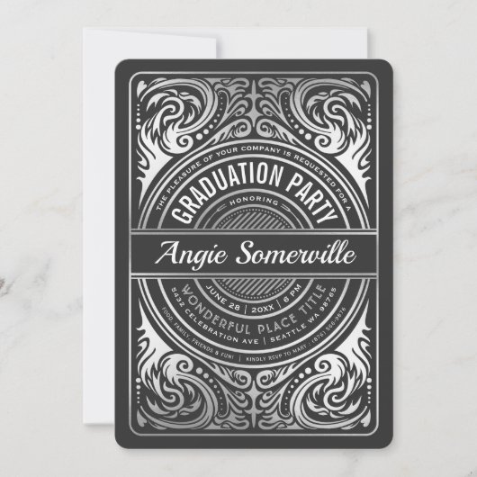 Uitnodigingen van Graduation Party - zwart & zilve (Voorkant)