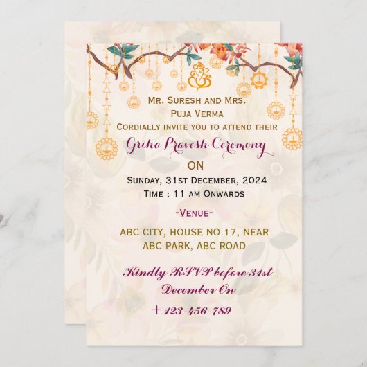 Uitnodigingen van Griha Pravesh (Voorkant / Achterkant)