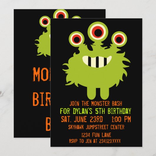 Uitnodigingen van Groene Oranje Monster Birthday P (Voorkant / Achterkant)