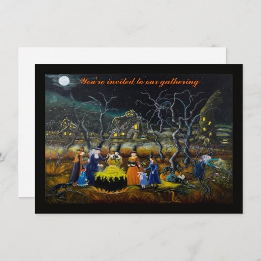 Uitnodigingen van halloween-partijen, heksen met e (Voorkant / Achterkant)