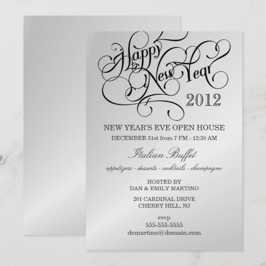 Uitnodigingen van het nieuwjaarsfeest - Zilver (Voorkant / Achterkant)