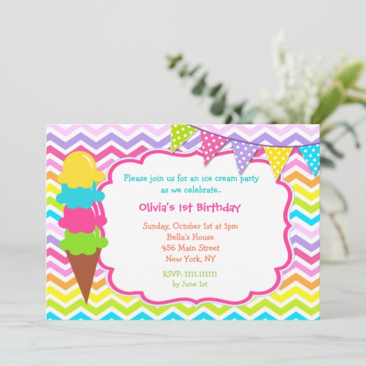 Uitnodigingen van Ice Cream Birthday Party (Staand voorkant)