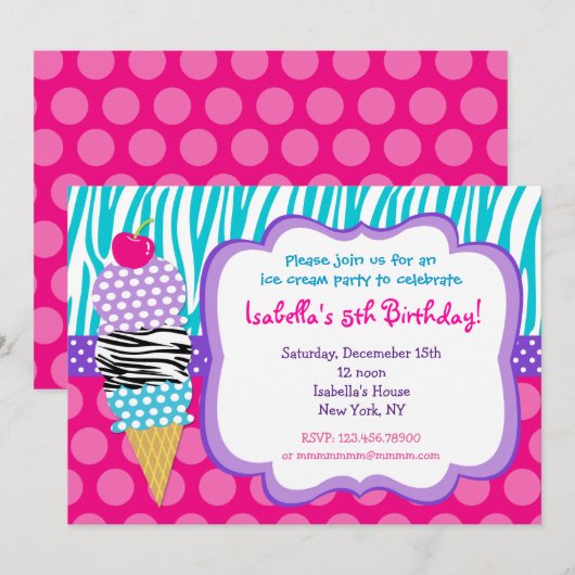 Uitnodigingen van Ice Cream Birthday Party (Voorkant / Achterkant)