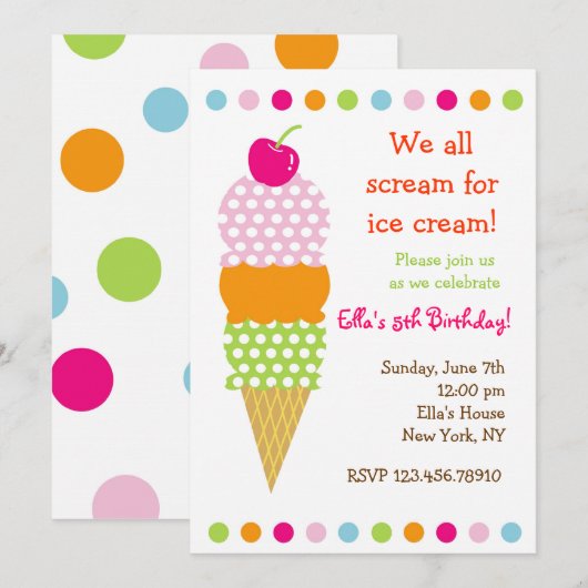 Uitnodigingen van Ice Cream Birthday Party (Voorkant / Achterkant)