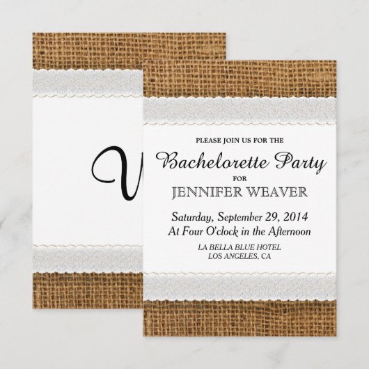 Uitnodigingen van Jute en Lace Bachelorette Party (Voorkant / Achterkant)
