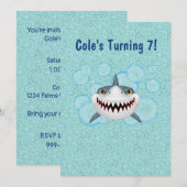 Uitnodigingen van Kinder Aqua Glitter Shark Party (Voorkant / Achterkant)