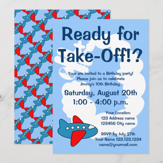 Uitnodigingen van kinderen om een vliegervliegtuig (Voorkant / Achterkant)