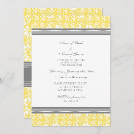 Uitnodigingen van Lemon Grey Damask Engagement Par (Voorkant / Achterkant)