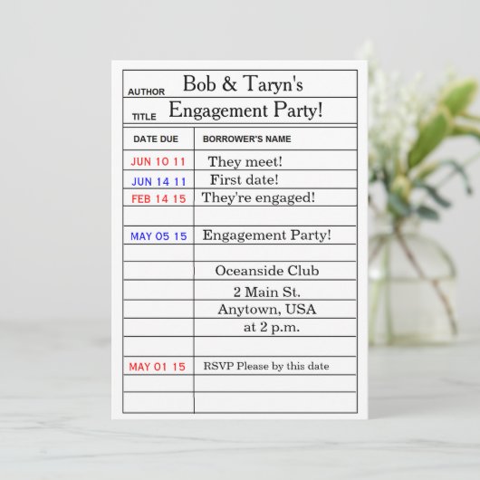 Uitnodigingen van "Library Card" Engagement Party (Staand voorkant)