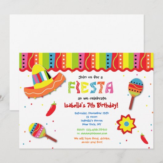 Uitnodigingen van Mexicaanse Fiesta Birthday Party (Voorkant / Achterkant)