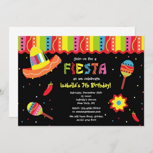 Uitnodigingen van Mexicaanse Fiesta Birthday Party (Voorkant / Achterkant)