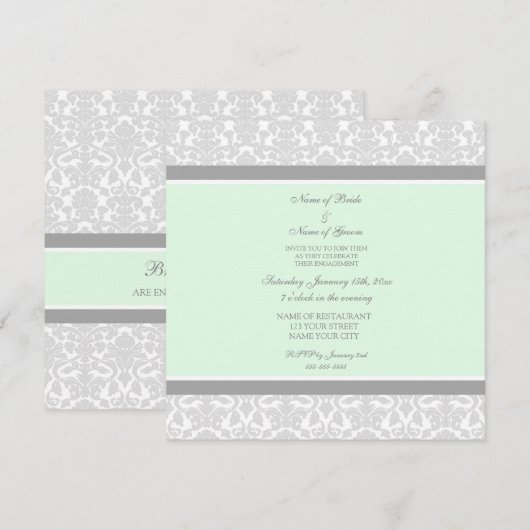 Uitnodigingen van Mint Grey Damask Engagement Part (Voorkant / Achterkant)