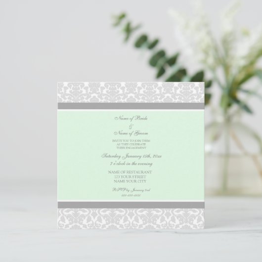 Uitnodigingen van Mint Grey Damask Engagement Part (Staand voorkant)