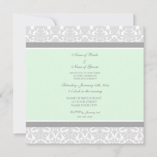 Uitnodigingen van Mint Grey Damask Engagement Part (Voorkant)