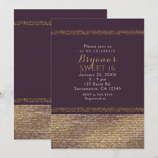 Uitnodigingen van Paarse Gold Chic Sparging Glam P (Voorkant / Achterkant)