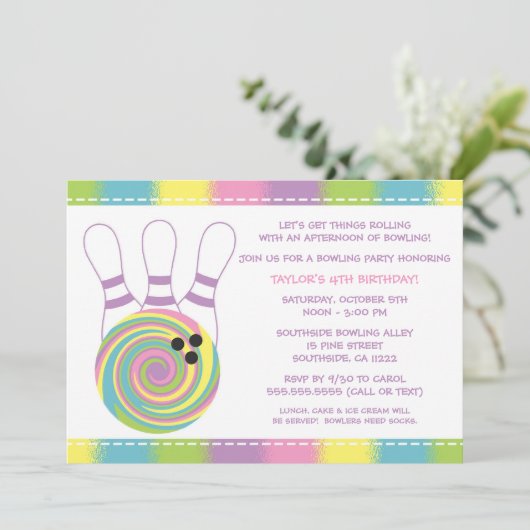Uitnodigingen van pastel Girl Bowling Birthday Par (Staand voorkant)