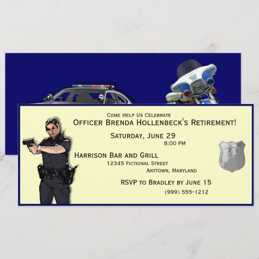 Uitnodigingen van politievrouw Aangepaste Pensioen (Voorkant / Achterkant)