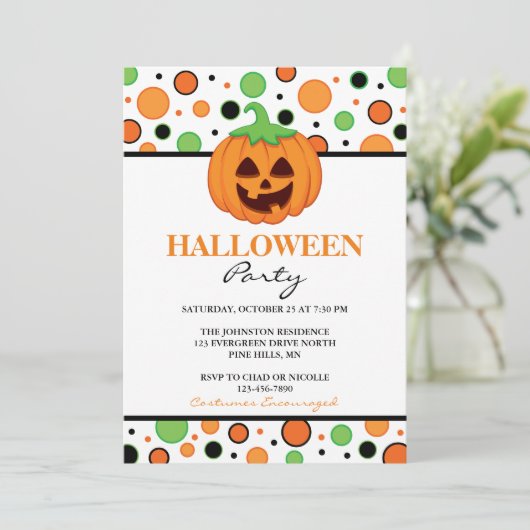 Uitnodigingen van Polka Dot Pumpkin Halloween Part (Staand voorkant)