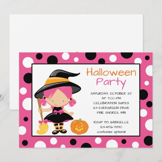 Uitnodigingen van Polka Dot Witch Halloween Party (Voorkant / Achterkant)