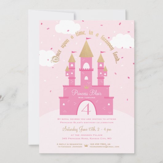 Uitnodigingen van Princess Party | Roze en goudkas (Voorkant)