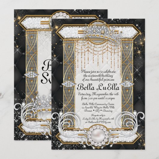Uitnodigingen van prinses Bling Diamond Party (Voorkant / Achterkant)