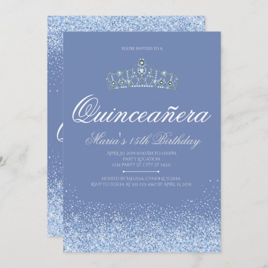 Uitnodigingen van prinses Blue Glitter Quinceanera (Voorkant / Achterkant)