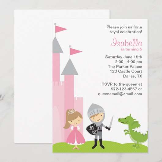 Uitnodigingen van prinses en Knight Birthday (Voorkant / Achterkant)