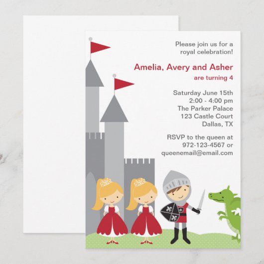 Uitnodigingen van prinses en Knight Birthday (Voorkant / Achterkant)