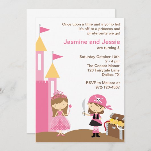 Uitnodigingen van prinses en roze piraten (Voorkant / Achterkant)