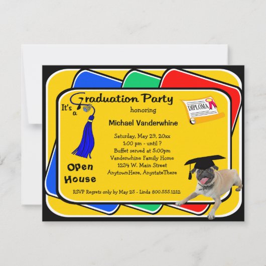 Uitnodigingen van Pug Blue Graduation Party (Voorkant)