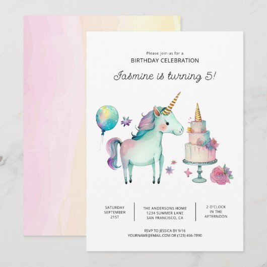 Uitnodigingen van Rainbow Unicorn Birthday Party (Voorkant / Achterkant)