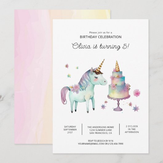 Uitnodigingen van Rainbow Unicorn Birthday Party (Voorkant / Achterkant)