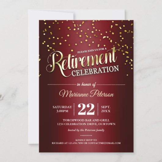 Uitnodigingen van Red|Gold Confetti Retirement Par (Voorkant)
