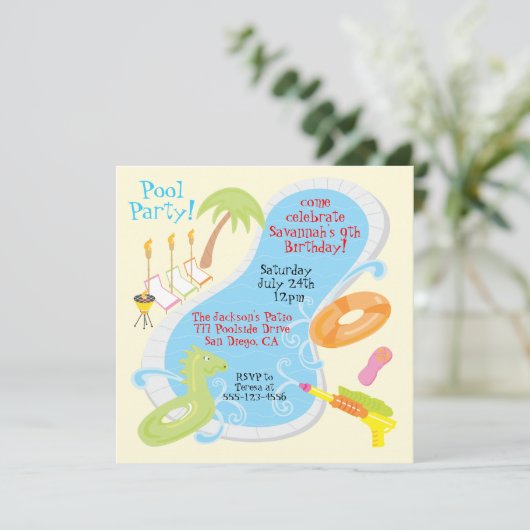 Uitnodigingen van Retro Pool Party (Staand voorkant)