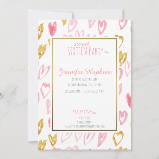 Uitnodigingen van roze en goudharten (Voorkant)