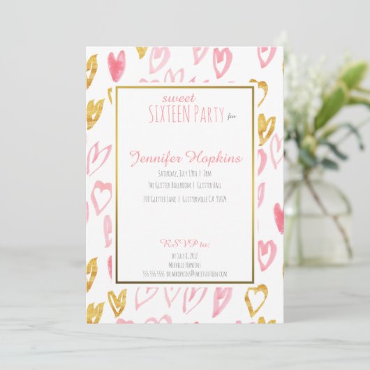 Uitnodigingen van roze en goudharten (Staand voorkant)