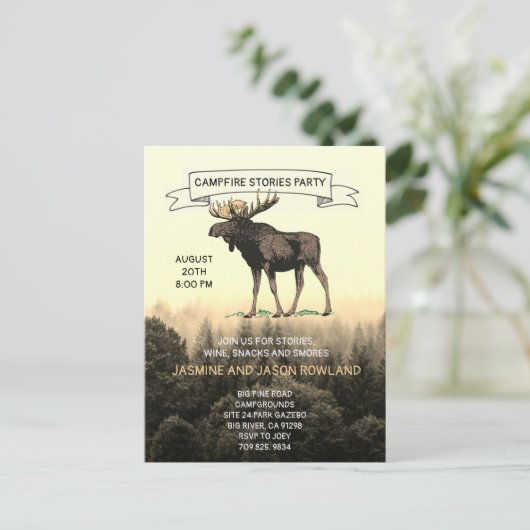 Uitnodigingen van Rustic Woodland Moose Campfire P (Staand voorkant)