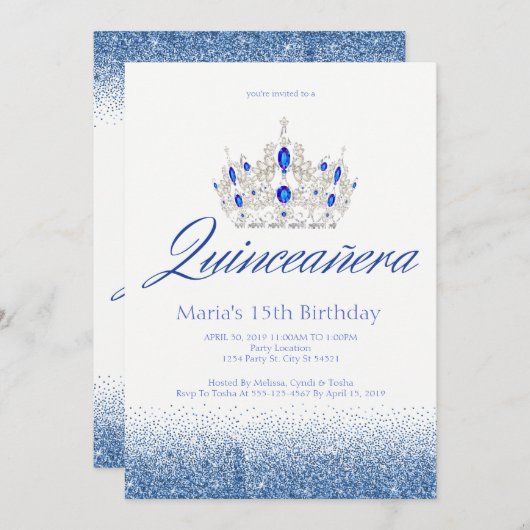 Uitnodigingen van Sapphire & Diamond Quinceañera (Voorkant / Achterkant)