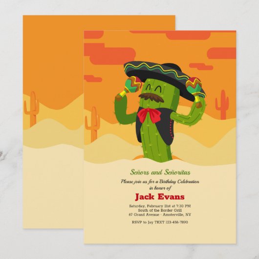 Uitnodigingen van Señor Cactus Birthday Party (Voorkant / Achterkant)
